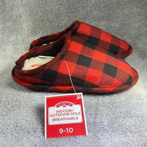 Holiday Time Plaid Slippers Childs Size 9-10 Red Black‎ Plaid Easy Slip On/Off